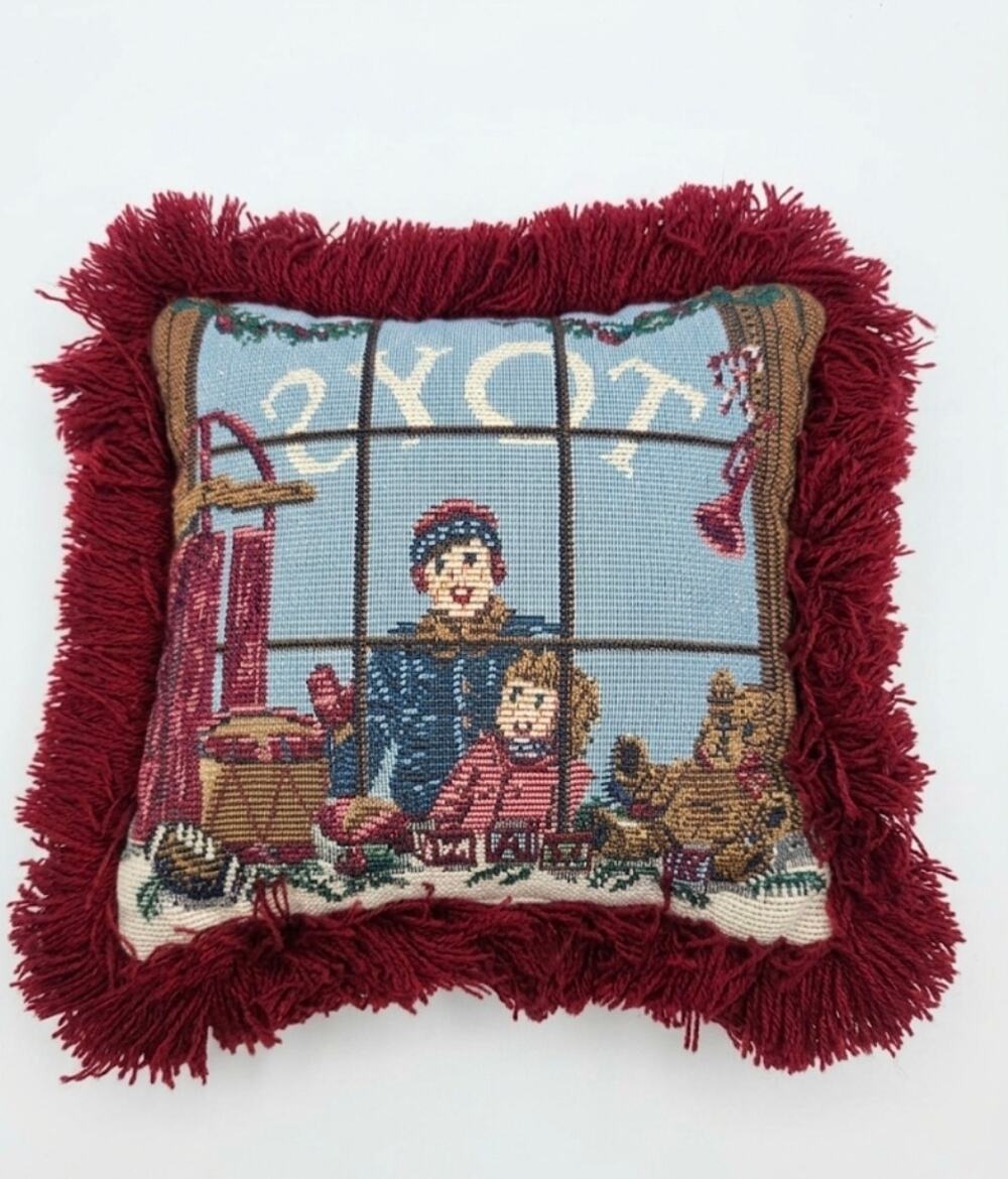 Riverdale Tapestry Christmas Pillow Toy Store Window Shopping Scene 9" Square